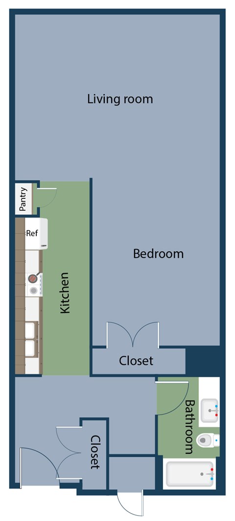 A floor plan of a small apartment with a living room, bedroom, and two closets.